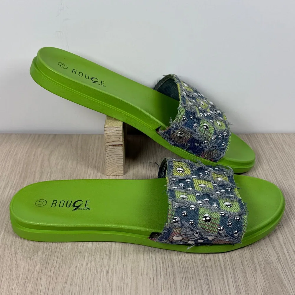 Rouge Helium Women Lime Green Studded Distressed Denim Checkered Slides Size 7.5